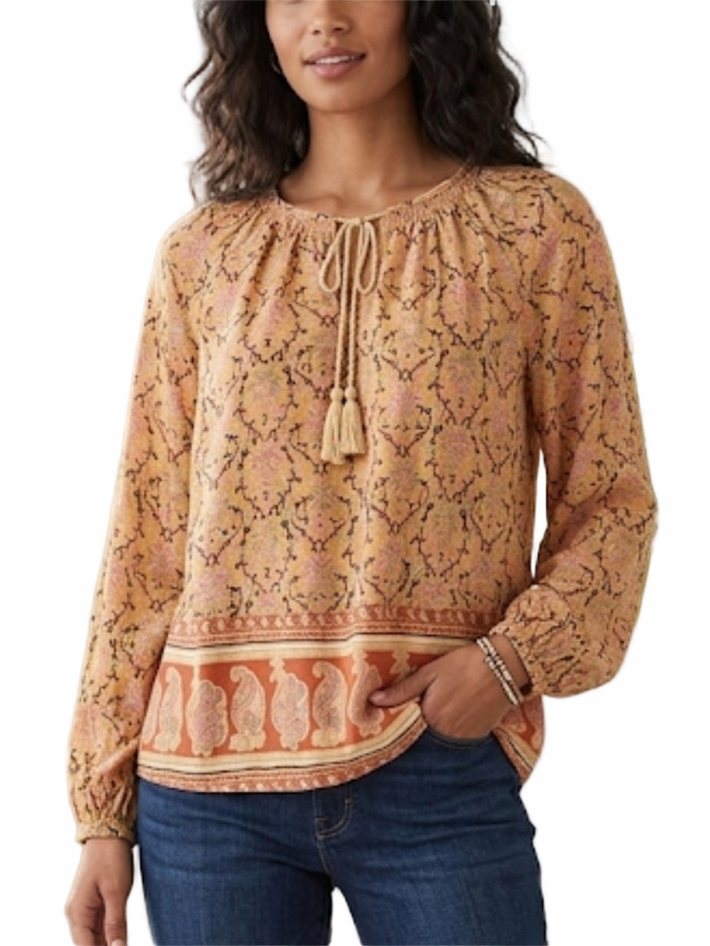 Lucky Brand Boho Paisley Floral Blouse Pink Tan Flowy Peasant Top Small